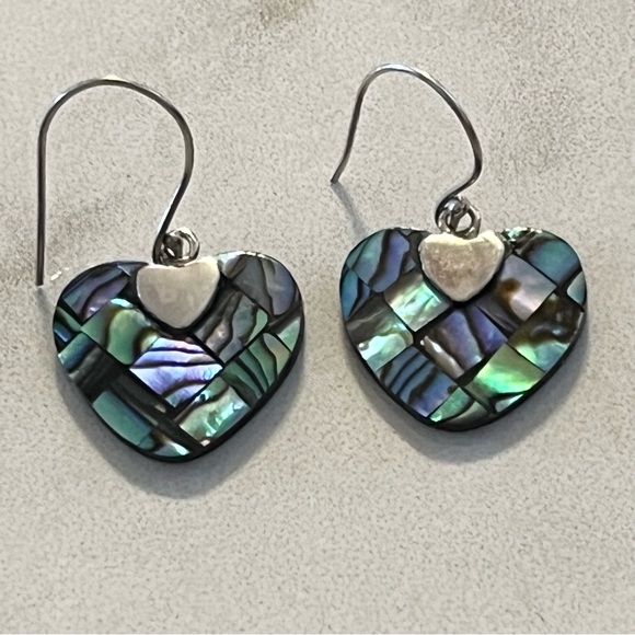 Abalone Shell Sterling Silver 925 Heart French Hook Earrings - Picture 13 of 13
